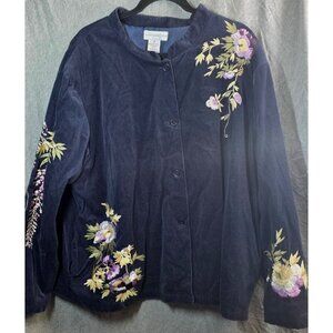 Susan Graver jacket Plus Size 3X XXX Blue Embroidered Floral‎ Corduroy Button-Up